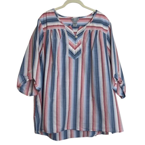 Catherines Womens Tunic Top 1X Red White Blue Striped 3/4 Sleeve Cotton Blend - Picture 1 of 5